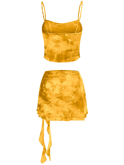 Women's Summer Sexy 2 Pieces Set New Chic Printed Spaghetti Strap Sleeveless Crop Top and Elastic Waist Ruffles Mini Skirt Suits