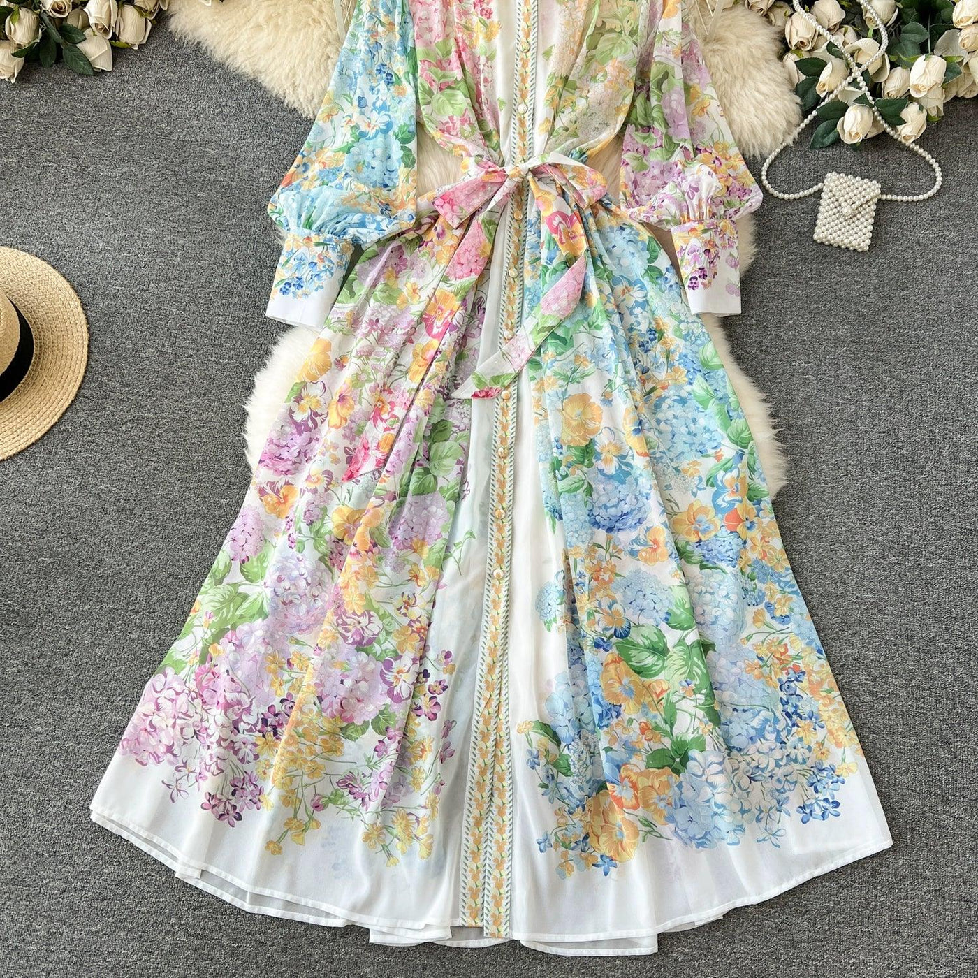 Bohemian Floral Chiffon Summer Dresses for Women 2024 Runway Stand Collar Lantern Sleeve Beach Holiday Long Vestidos Boho Robe