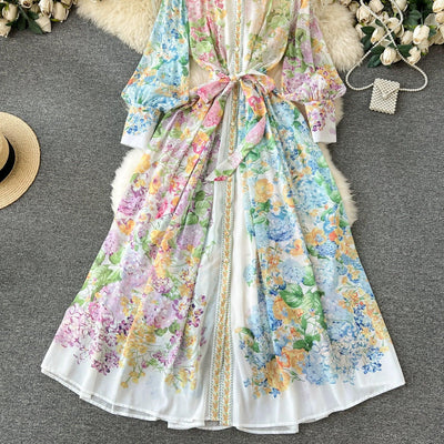 Bohemian Floral Chiffon Summer Dresses for Women 2024 Runway Stand Collar Lantern Sleeve Beach Holiday Long Vestidos Boho Robe