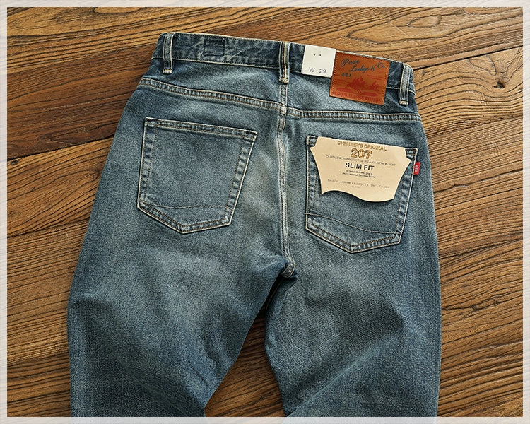 14 oz Red Denim Jeans for Men Retro Slim Straight Stretch made old wash heavy weight hem denim pants trend