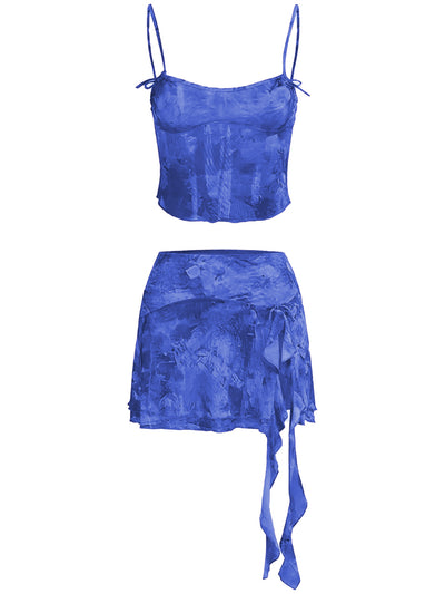 Women's Summer Sexy 2 Pieces Set New Chic Printed Spaghetti Strap Sleeveless Crop Top and Elastic Waist Ruffles Mini Skirt Suits