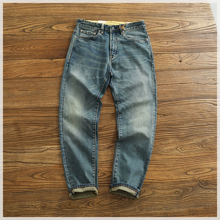 14 oz Red Denim Jeans for Men Retro Slim Straight Stretch made old wash heavy weight hem denim pants trend