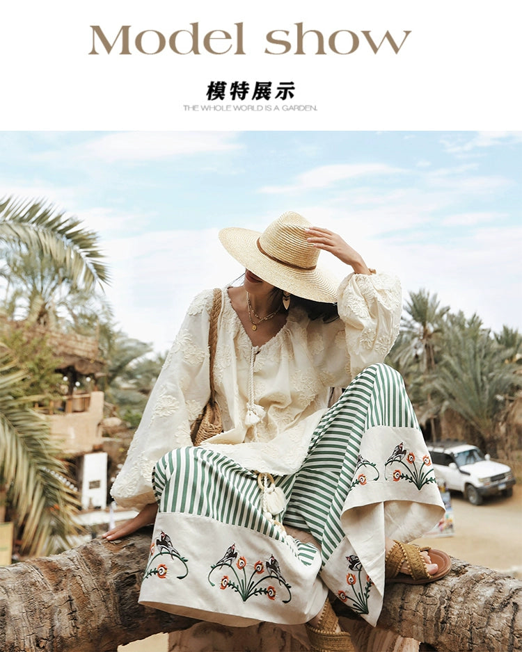 TIYIHAILEY Wide Leg Long Pants For Women Cotton Trousers Elastic Waist Casual Striped Embroidery Ladies 2025 New Fashion