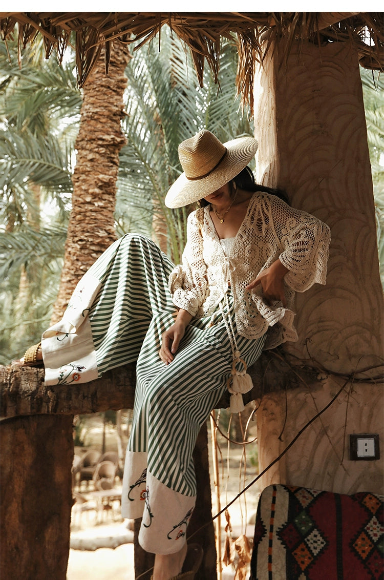 TIYIHAILEY Wide Leg Long Pants For Women Cotton Trousers Elastic Waist Casual Striped Embroidery Ladies 2025 New Fashion