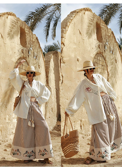 TIYIHAILEY Wide Leg Long Pants For Women Cotton Trousers Elastic Waist Casual Striped Embroidery Ladies 2025 New Fashion