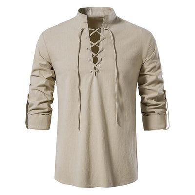Happyjeffery Mens Cotton Linen Shirt Henry Collar with Drawstring Men Man Long Sleeve Beach Shirts Man Designer Cloth LS51