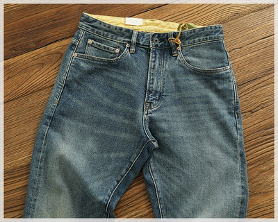 14 oz Red Denim Jeans for Men Retro Slim Straight Stretch made old wash heavy weight hem denim pants trend