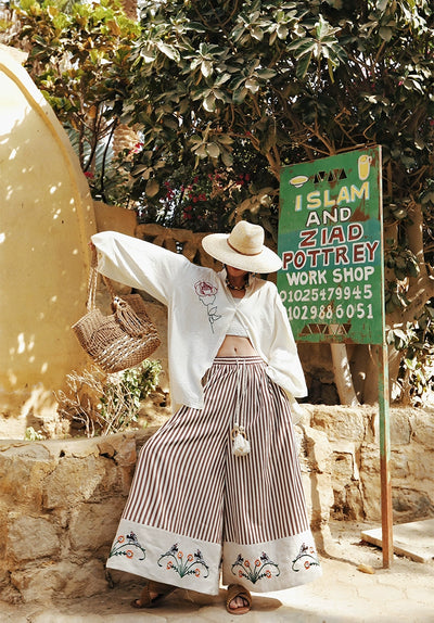 TIYIHAILEY Wide Leg Long Pants For Women Cotton Trousers Elastic Waist Casual Striped Embroidery Ladies 2025 New Fashion