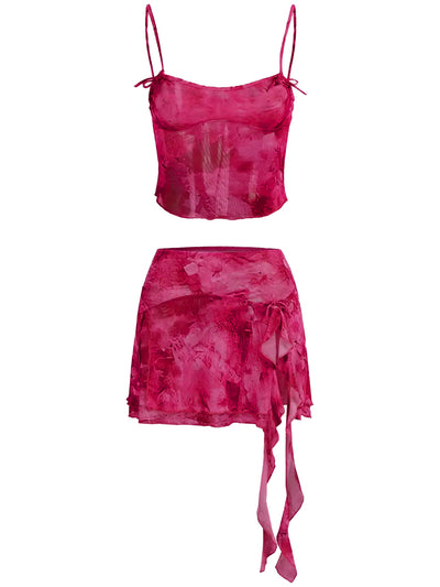 Women's Summer Sexy 2 Pieces Set New Chic Printed Spaghetti Strap Sleeveless Crop Top and Elastic Waist Ruffles Mini Skirt Suits