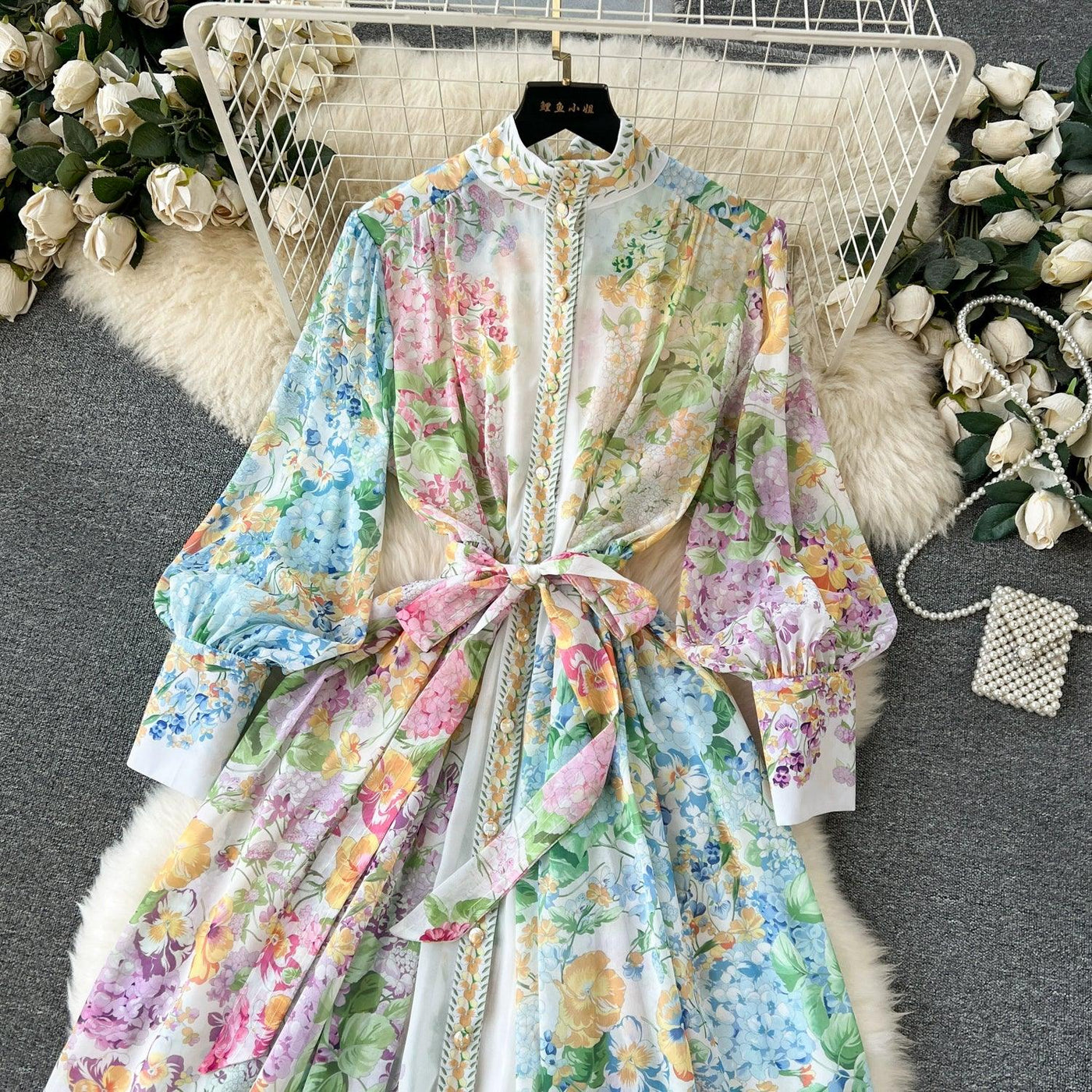Bohemian Floral Chiffon Summer Dresses for Women 2024 Runway Stand Collar Lantern Sleeve Beach Holiday Long Vestidos Boho Robe