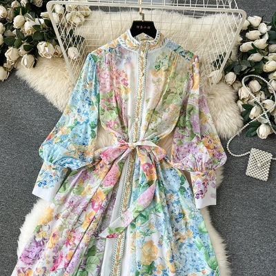 Bohemian Floral Chiffon Summer Dresses for Women 2024 Runway Stand Collar Lantern Sleeve Beach Holiday Long Vestidos Boho Robe