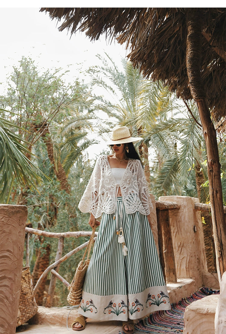 TIYIHAILEY Wide Leg Long Pants For Women Cotton Trousers Elastic Waist Casual Striped Embroidery Ladies 2025 New Fashion