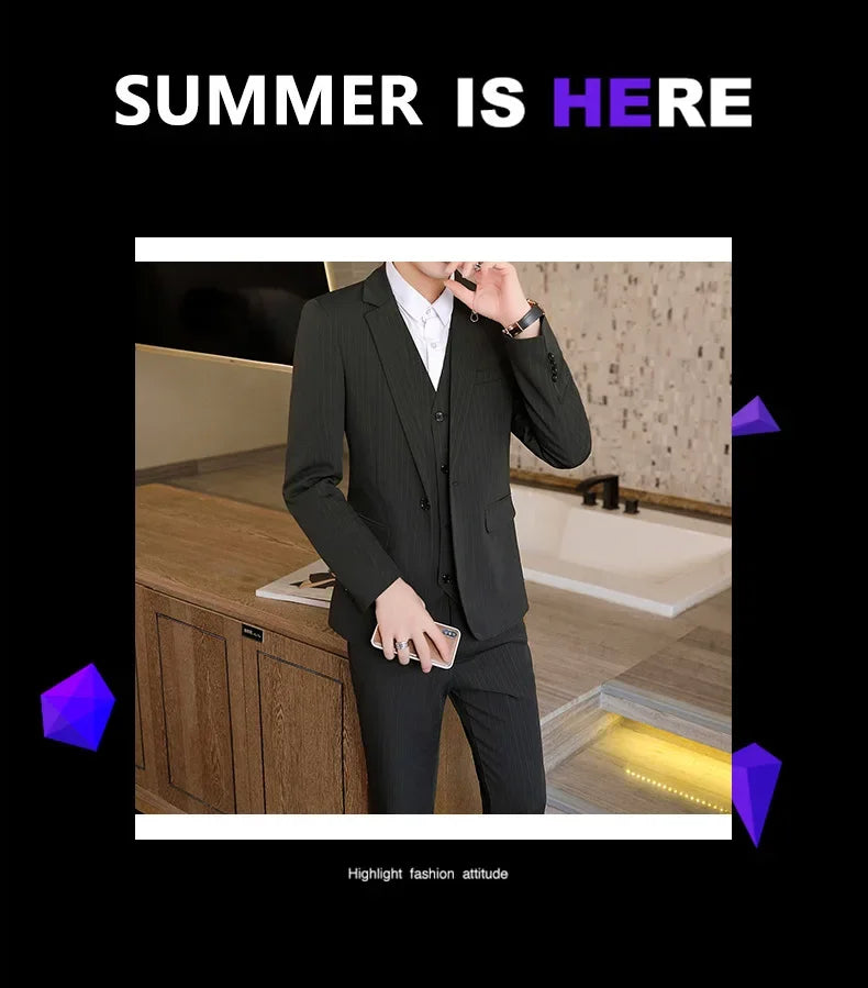 Suit (Blazer+ Vest + Trousers +) Men's Fashionable Business Solid color Gentleman's Wedding Workwear Casual Performance Suit