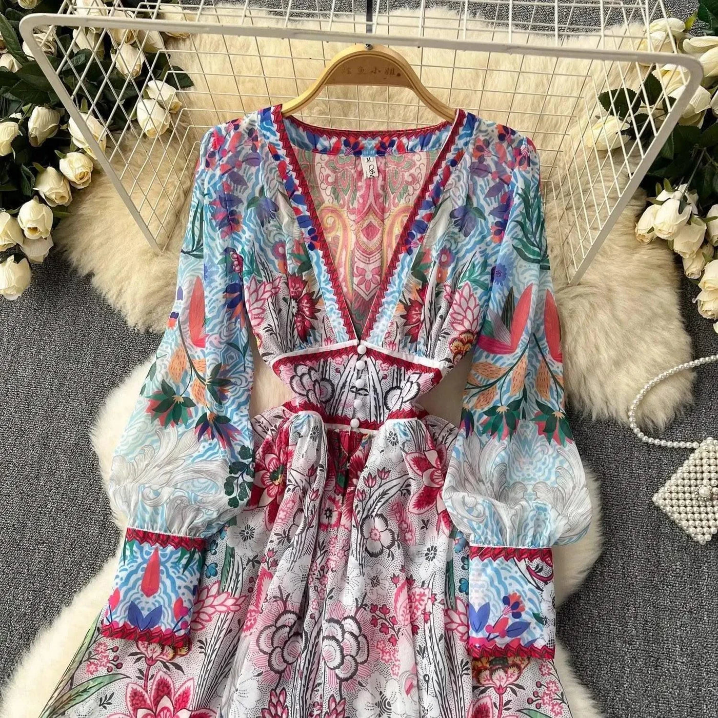 Summer Gorgeous Flower Dress Women Chiffon Clothing Sexy Deep V Neck Single Breasted Floral Print Beach Boho Long Robe Vestidos