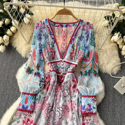 Summer Gorgeous Flower Dress Women Chiffon Clothing Sexy Deep V Neck Single Breasted Floral Print Beach Boho Long Robe Vestidos