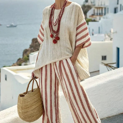 Women Summer Loungewear Suits Printing Loose Wide Leg Pants 2PCS Matching Set Half Sleeve O-Neck Pullover Top Outfit Streetwear