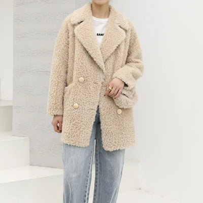 MENINA BONITA 2025 New  Luxury Winter Jacket Women's Coat Double-breasted Woven Real Natural Wool Fur Lapel Warm Loose Outerwear