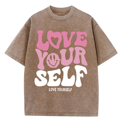 Women'S Cotton Washed T-Shirts Trend Distressed Loose Tees Love Your Self Letter Printing Short Sleeve Summer Female Clothes