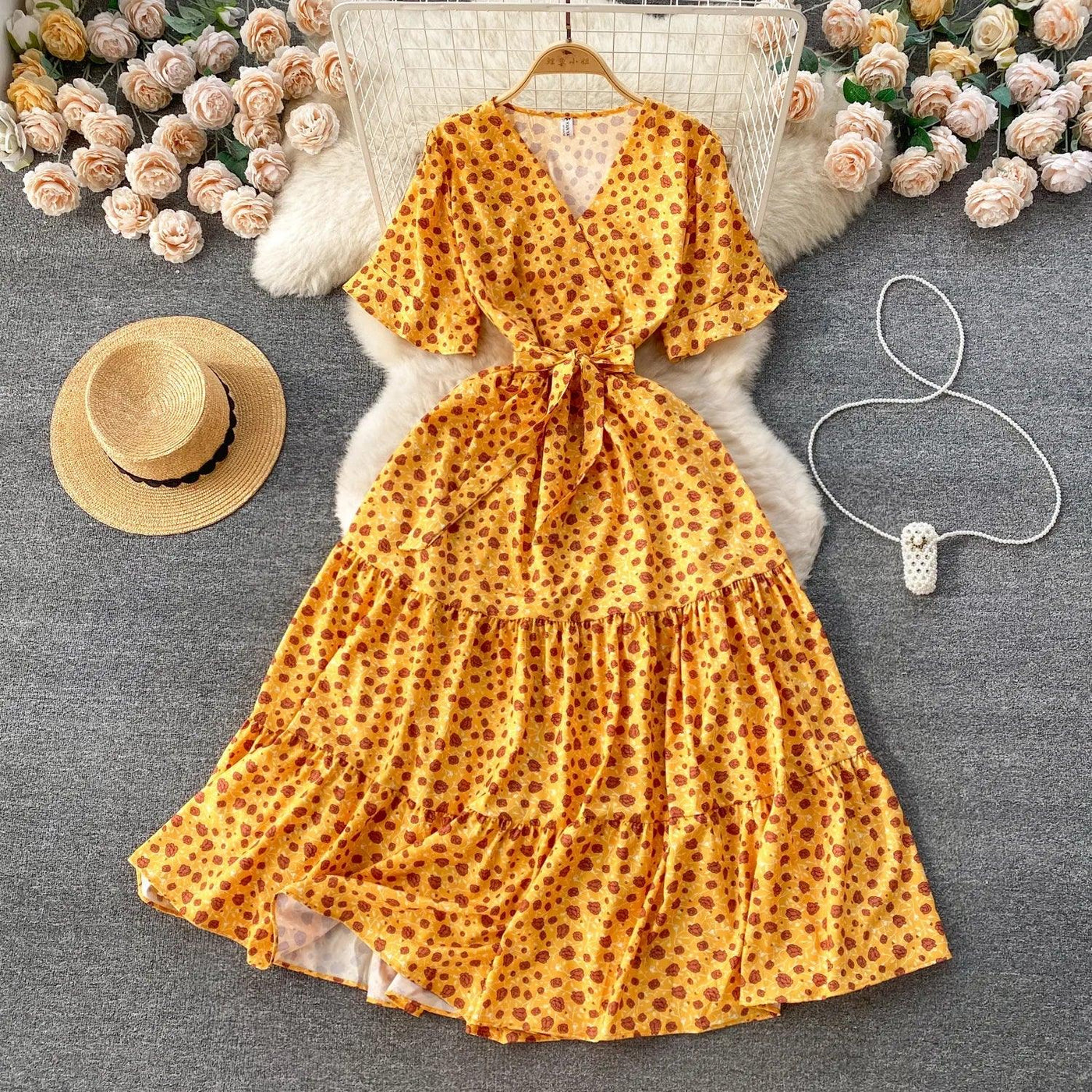 French Chic Dress Beach Style Floral Print Dresses Female V-Neck New Summer Ruffles A-Line Vestidos Women Clothes