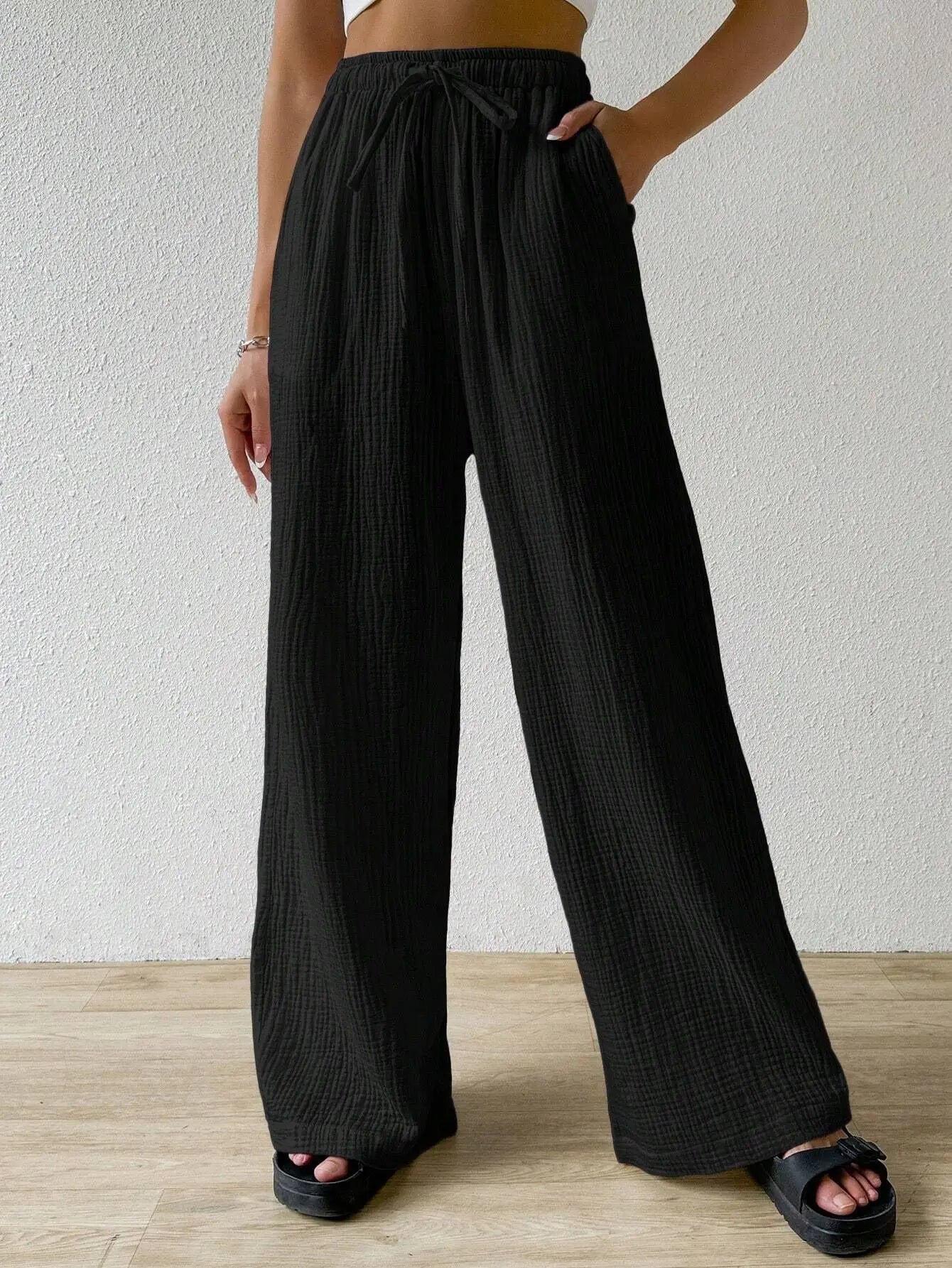 Wide Leg Floor Length Pants Women Drawstring Pant Loose Y2k Streetwear Capris Pockets Casual Sports Summer High Waist Basics