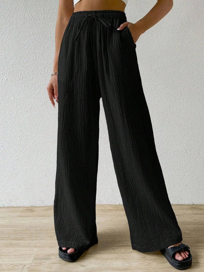 Wide Leg Floor Length Pants Women Drawstring Pant Loose Y2k Streetwear Capris Pockets Casual Sports Summer High Waist Basics