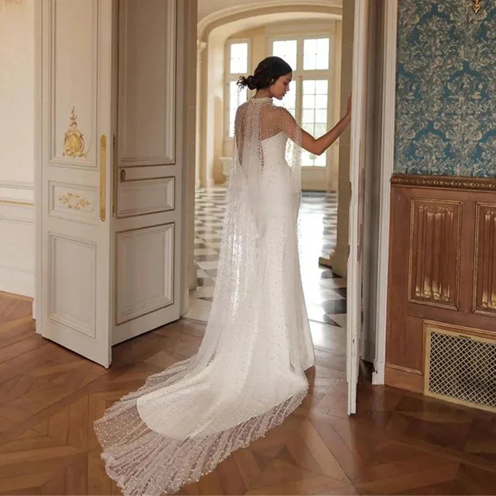 Customized Strapless Satin Wedding Dress Sequin Sweetheart Sheath Mermaid Wedding Dress Beach Wedding Dress（Without Cape ）