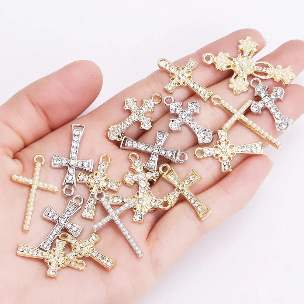 Mixed 10Pcs Pearl Zircon Cross Charms Crucifix Pendant Jewelry Making Supplies Diy Luxury Necklaces Earrings Accessories Gift
