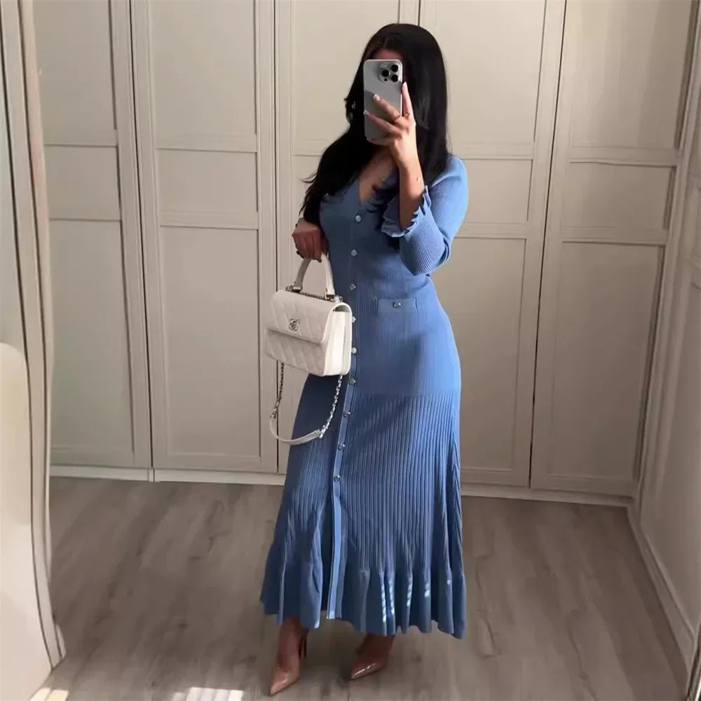 Ruffles Hem Knitted Dress For Women Elegant V Neck Long Sleeve Single Breasted Loose Vestidos Fashion Office Lady Knit Robe