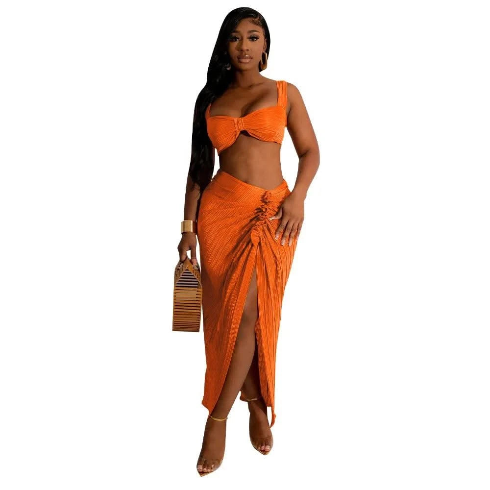 Women Two Pieces Set Sexy Backless Halter Top and High Waist Side Slit