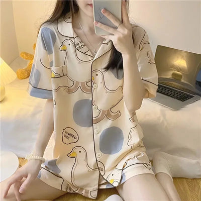 Women's Pajamas Loungewear Cartoon Goose Nightwear Homewear Ladies Tops and Pants V-Neck Sleepwear Comfortable and Breathable