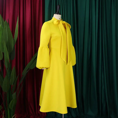Elegant Dresses for Women Bow Collar Full Sleeve High Waisted Pleated Mid Calf Luxury Birthday Party Dinner Vestidos Mujer Dress