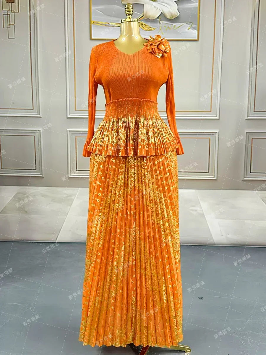 Luxury Women Chic Evening Dresses 2025 Formal Ball Gowns Elegant Party Miyake Pleated Long Sleeve Dress Female Plus Size Clothes