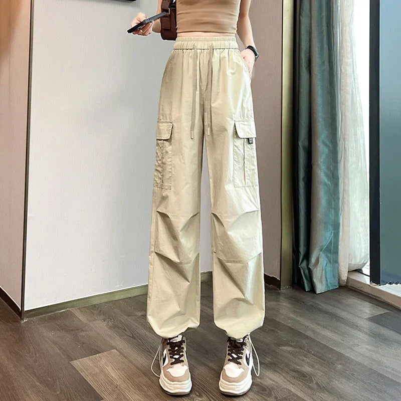 Fashion Women Joggers Pants Casual Female Chic Straight Cargo Pants Elastic High Waist Streetwear Slim Trousers Summer Thin