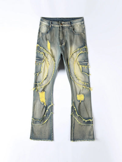 2025 New European and American men's casual jeans, street punk fashion, retro, ripped hole, slightly flared tassel elastic jeans