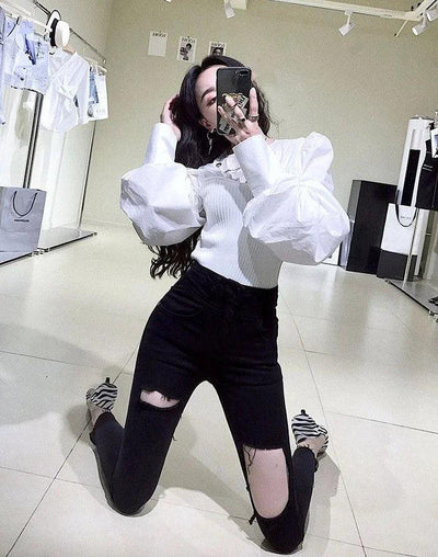 Skinny Pencil Slim Fit Women's Ripped Jeans 90s South Korea Cheap Summer Cowboy Pants for Woman Korean Fashion Xxl Torn Trousers