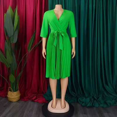 Elegant Office Dresses for Women Professional V Neck Full Sleeve Sashes Pleated Mid Calf Formal Business Work Wear Dress Midi OL