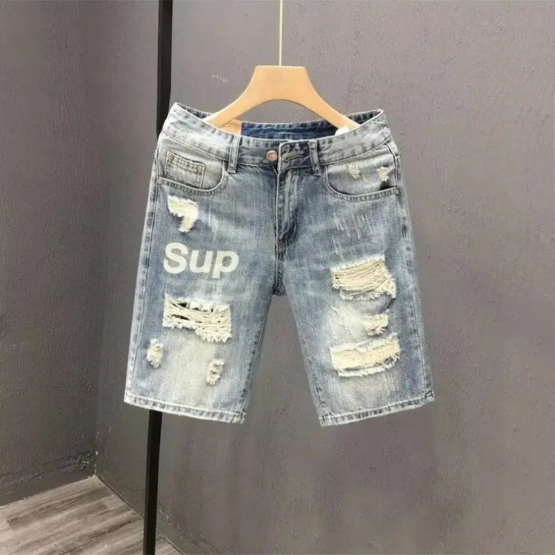 Fashion 2023 Summer Men's Blue Casual Solid Denim Jean Shorts with Ripped Holes Wash Designer Clothes Designer Men's Jeans