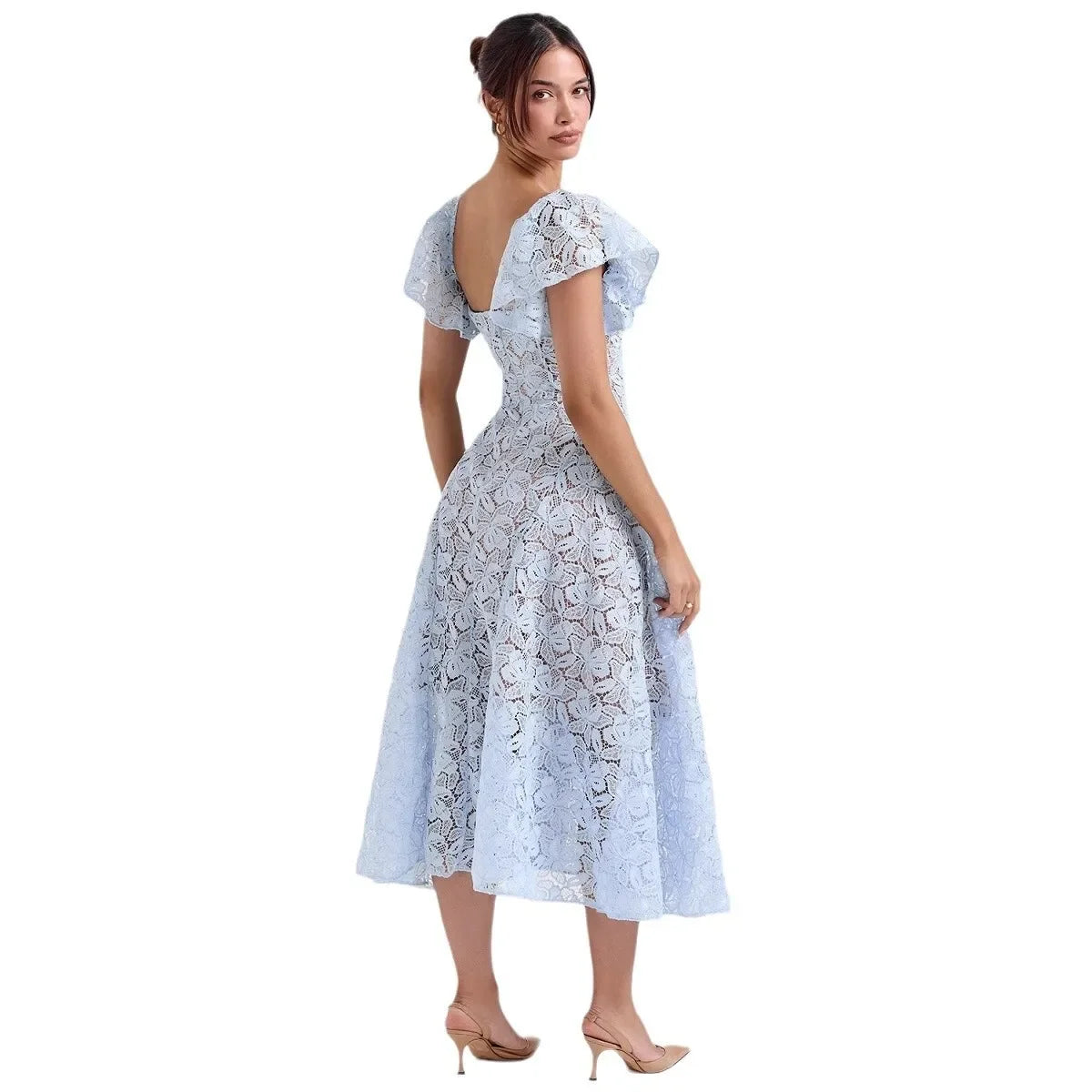 Elegant Flare Short Sleeve Flower Embroidery Long Prom Dresses Women Summer Holiday Low Cut Pleated Midi Evening Dress