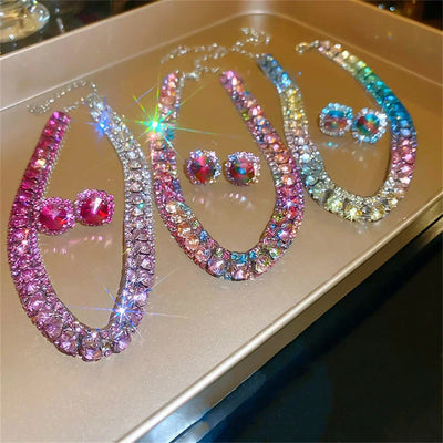 Luxury Crystal Necklace Earrings Set Pink ABcolourful Necklace for Women Weddings Party Jewelry Sets Accessories