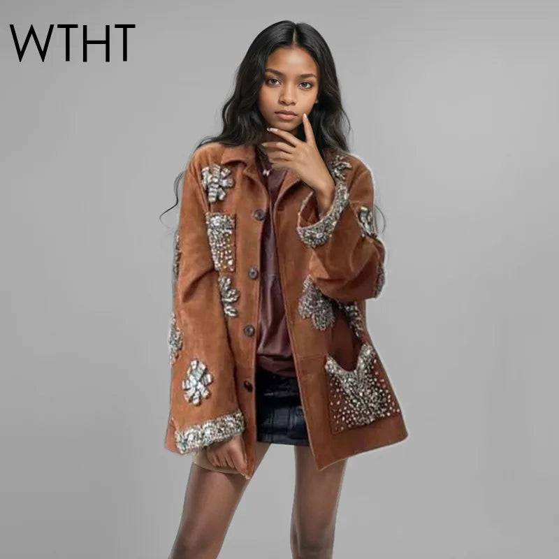 WTHT 2025 Spring Fashion Women's Rivet Flower Loose Casual Jacket New Trendy Long Sleeves Single Breasted Coat Female 1LS713