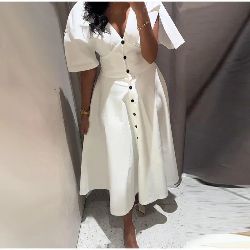 Women's Dress 2025 Summer Autumn New White Short Sleeve Buttons V Neck Midi Dress Casual Fashion Personality Versatile Vestidos