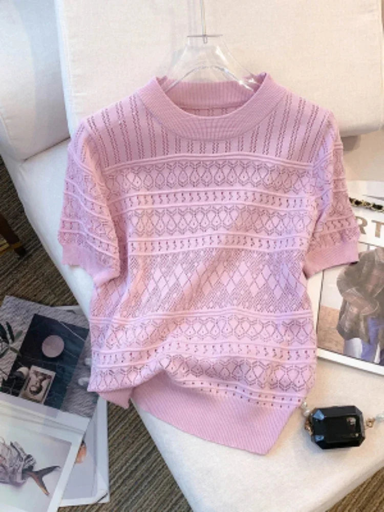 Women's T-Shirts Summer Thin Hollow Out Crew Neck Pullover Sweater Versatile Short Sleeve Knitted Top Women's Clothing