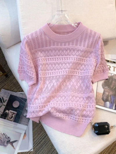 Women's T-Shirts Summer Thin Hollow Out Crew Neck Pullover Sweater Versatile Short Sleeve Knitted Top Women's Clothing
