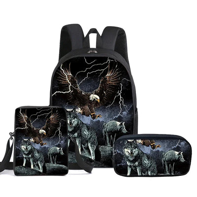 Wolf 3Pcs/Set Child Backpack with Messenger Bags ,Pencil Bags,School Bags For Boy/Girls Best Gift 3D Cartoon Student School Bags
