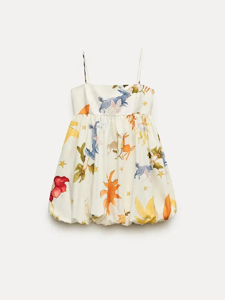 ZBZA Women's Suspender Print Dress Straight Neckline Spaghetti Straight Straps Zip Beach Mini Skirt Summer New Female Chic Dress