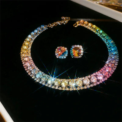 Luxury Crystal Necklace Earrings Set Pink ABcolourful Necklace for Women Weddings Party Jewelry Sets Accessories