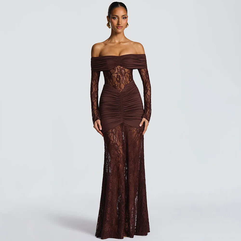 Woman Clothing Lace Patchwork Evening Dress 2025 Autumn Sexy Slash Neck Long Sleeve Folds Party Gown Lady Long Maxi Prom Dresses