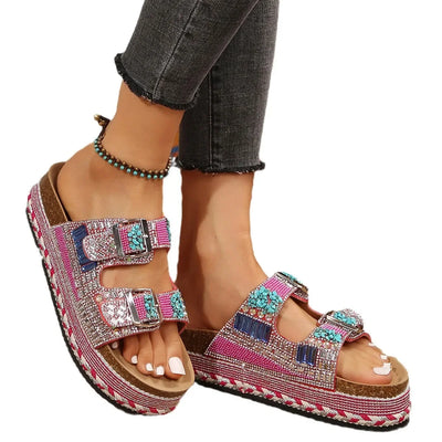New Women's Rhinestone Thick Sole Twine Double Buckle Sandals, Soft Comfortable Women's Beach Slippers Large size