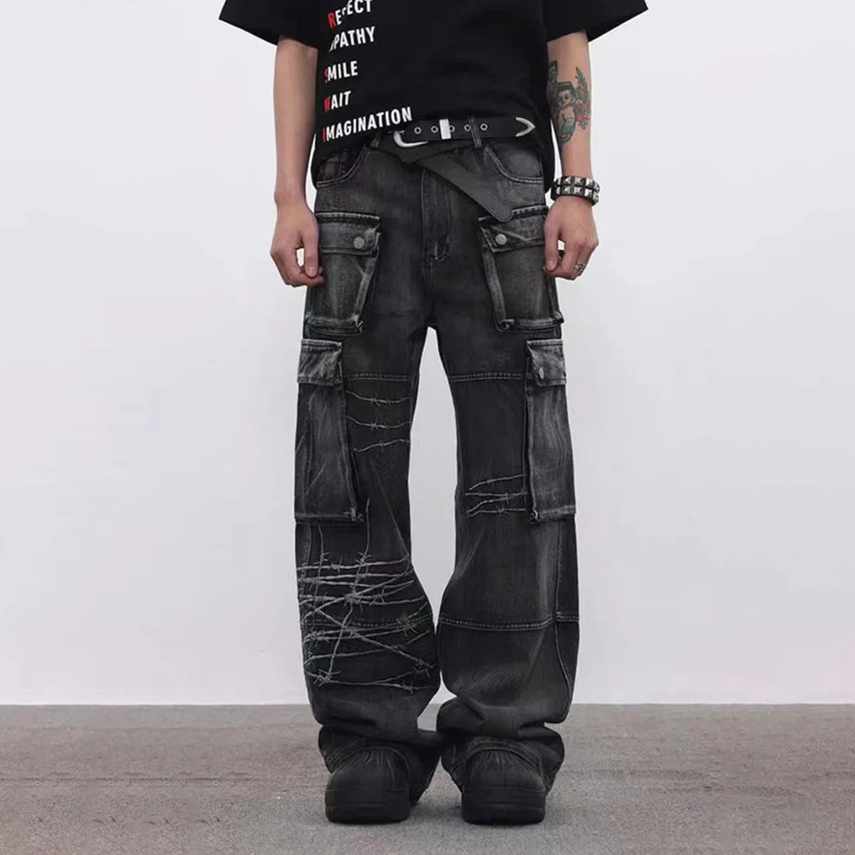 Trendy Brand American Retro Tooling Jeans Mens High Street Heavy Industry Embroidery Loose Wide-leg Trousers