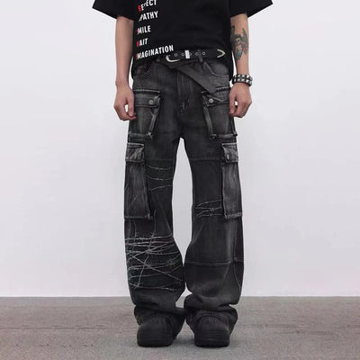 Trendy Brand American Retro Tooling Jeans Mens High Street Heavy Industry Embroidery Loose Wide-leg Trousers